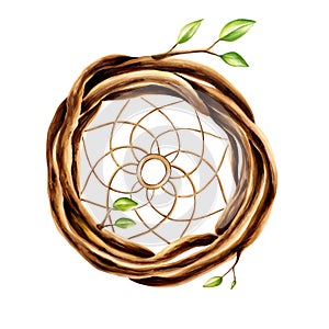 Marker illustration of ethnic wooden wicker wreath dreamcatcher of twigs with spring leaves dreamcatcher in watercolor