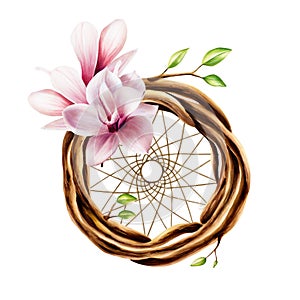 Marker illustration of ethnic wooden wicker wreath dreamcatcher of twigs with spring leaves and pink magnolia flowers in