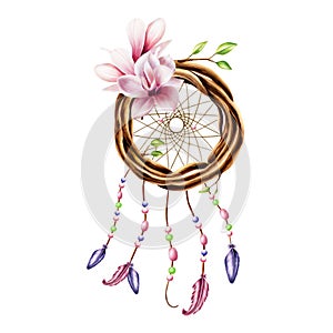 Marker illustration of ethnic wooden wicker wreath dreamcatcher of twigs with spring leaves and pink magnolia flowers