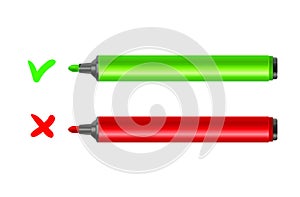 Marker pen with cross and check mark select. Vote choice signs checkbox