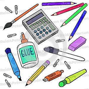 Marker Pencil Paperclip Eraser Glue Brush Highlighters Flashdrive Calculator