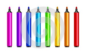 Marker pens, red, green, yellow, purple, blue. Vector set colourful highlighters. Drawing pencil tool. Marker art highlighter