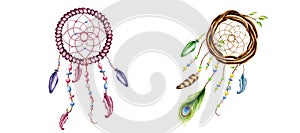 Marker set illustrations of ethnic wooden wicker wreath, woven willow hoop dreamcatchers of twigs with spring leaves