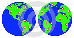 Markers on the image of the planet Earth. photo