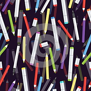 Markers, liners, handles capillary and colored pencils seamless pattern, art background. Vector multicolored art