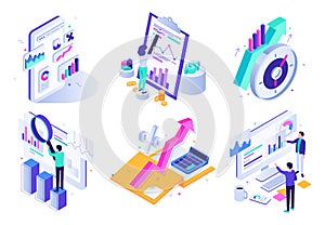 Market analytic report. Financial audit, marketing strategy review and finance business statistic isometric 3D vector