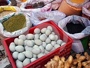 Market, Bags of Beans, Grains, Eggs and Ginger