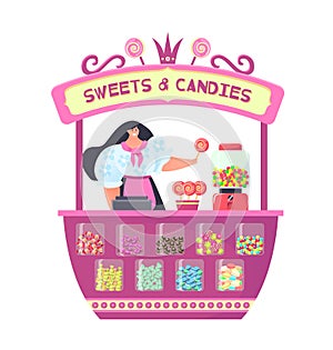 Market candy shop with flat woman seller isolated on white vector illustration. Store with sign, retail business sale