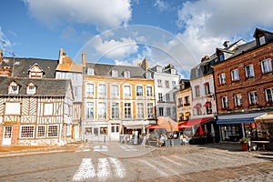 Market city square in Honfleur in France