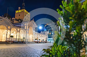 The Market Colonnade Trzni kolonada wooden colonnade with lights and hot springs in town Karlovy Vary