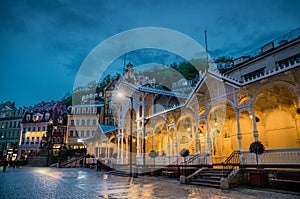 The Market Colonnade Trzni kolonada wooden colonnade with lights and hot springs in town Karlovy Vary Carlsbad historical centre