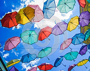 Market decorated with colored umbrellas, Moscow, Russian,