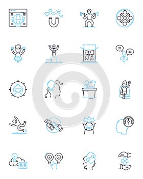 Market development linear icons set. Expansion, Growth, Diversification, Penetration, Innovation, Advancement, Outreach