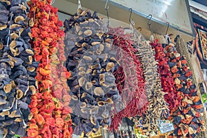 Market with different types of tea , herbs, plants and dried flowers