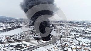 Market is on fire. Aerial view of fire and big cloud of smoke