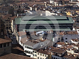 market Florence Aerial view cityscape from giotto tower detail near Cathedral Santa Maria dei Fiori, Brunelleschi Dome Italy