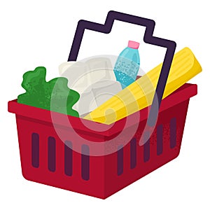 Market foodstuff basket with egg pack, water bottle, organic green salad and bread loaf cartoon vector illustration