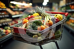 Market haul Full shopping cart captures groceries in bustling supermarket