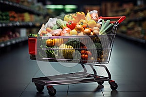 Market haul Full shopping cart captures groceries in bustling supermarket