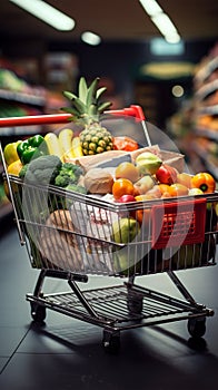 Market haul Full shopping cart captures groceries in bustling supermarket