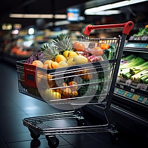 Market haul Full shopping cart captures groceries in bustling supermarket