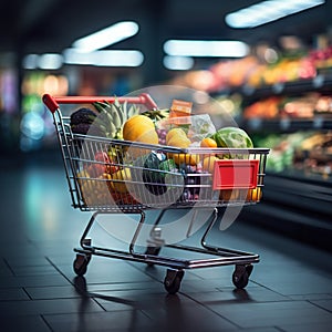 Market haul Full shopping cart captures groceries in bustling supermarket