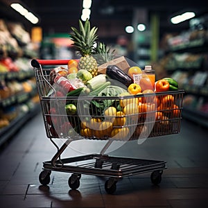 Market haul Full shopping cart captures groceries in bustling supermarket