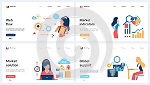 Market indicators and solutions, global web support set, tiny people work with data flow