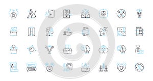 Market introduction linear icons set. Launch, Debut, Release, Unveil, Introduce, Entry, Rollout line vector and concept