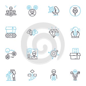 Market introduction linear icons set. Launch, Debut, Release, Unveil, Introduce, Entry, Rollout line vector and concept