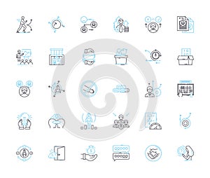 Market introduction linear icons set. Launch, Debut, Release, Unveil, Introduce, Entry, Rollout line vector and concept