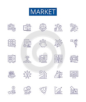 Market line icons signs set. Design collection of Market, Trade, Shopping, Retail, Bazaar, Vend, Exchange, Commercial