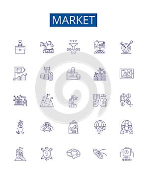 Market line icons signs set. Design collection of Market, Trade, Shopping, Retail, Bazaar, Vend, Exchange, Commercial