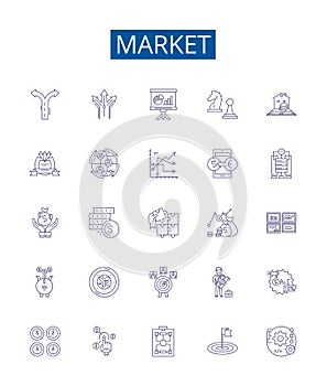 Market line icons signs set. Design collection of Market, Trade, Shopping, Retail, Bazaar, Vend, Exchange, Commercial