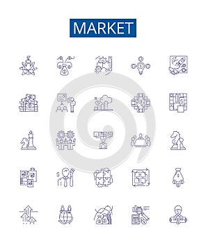 Market line icons signs set. Design collection of Market, Trade, Shopping, Retail, Bazaar, Vend, Exchange, Commercial photo