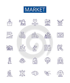 Market line icons signs set. Design collection of Market, Trade, Shopping, Retail, Bazaar, Vend, Exchange, Commercial photo