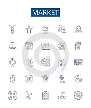 Market line icons signs set. Design collection of Market, Trade, Shopping, Retail, Bazaar, Vend, Exchange, Commercial photo