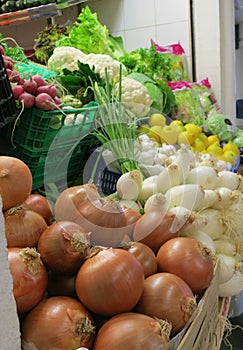 Market place in Torrevieja, Spain, with onion, garlic, radish, mushrooms, lemons, cauliflowers, and lettuse for sale photo