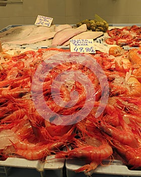 Market place in Torrevieja, Spain, with shrimps, mussles and other seafood for sale