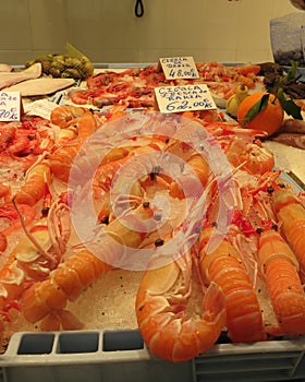 Market place in Torrevieja, Spain, with shrimps, mussles and other seafood for sale