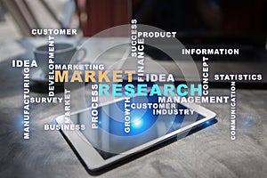 Market research words cloud on the virtual screen