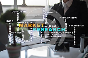 Market research words cloud on the virtual screen