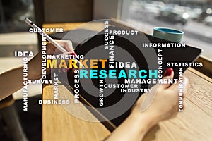 Market research words cloud on the virtual screen