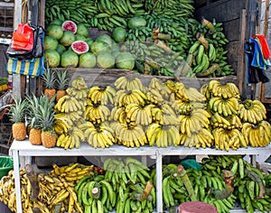 Market, selling bananas of green bananas - `platano maduro` and watermelons, South America, Ecuador. photo