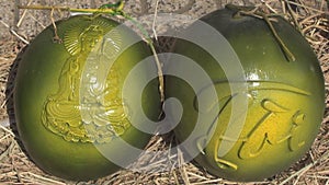 Market selling watermelons desired. images of saints on watermelons. holiday