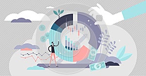 Market share vector illustration. Percentage pie in tiny persons concept.