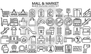 Market Shopping mall black outline icons set