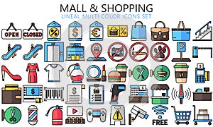 Market Shopping mall lineal multi color icons set