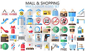 Market Shopping mall multi color icons set