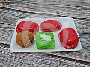 Market snacks made from flour and other ingredients, namely: ku cake, getuk lindri and round tofu